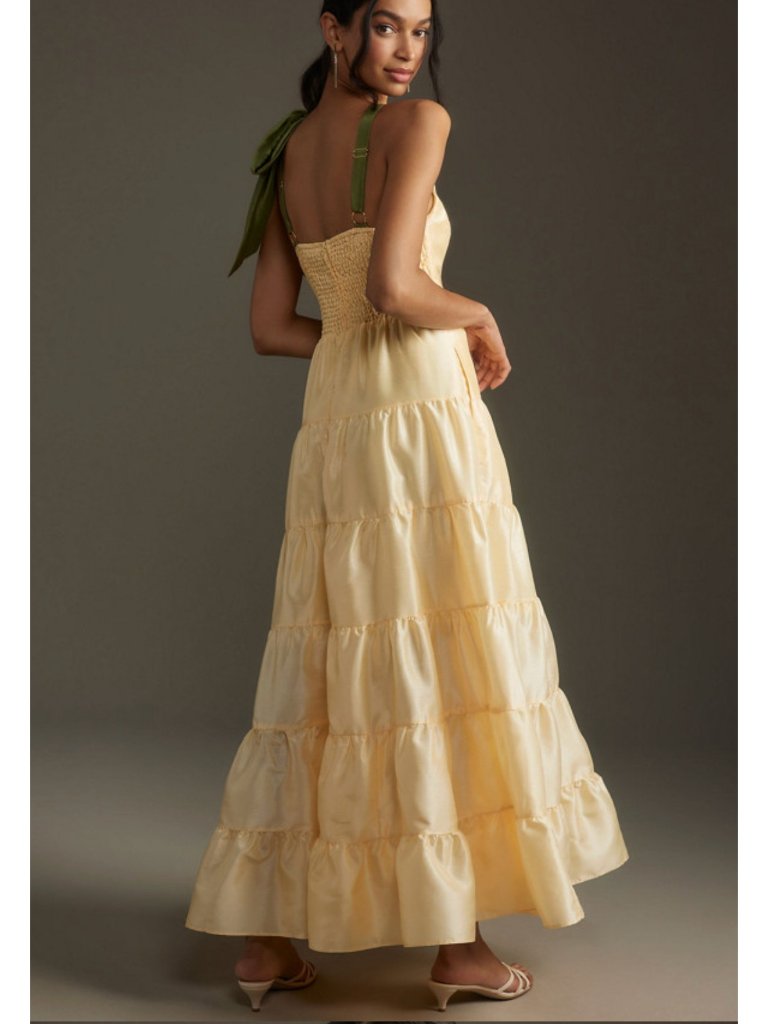Hutch Anthropologie Scoop-Neck Tiered Maxi Dress Buttery Yellow W Green Bow M — image 4 of 7